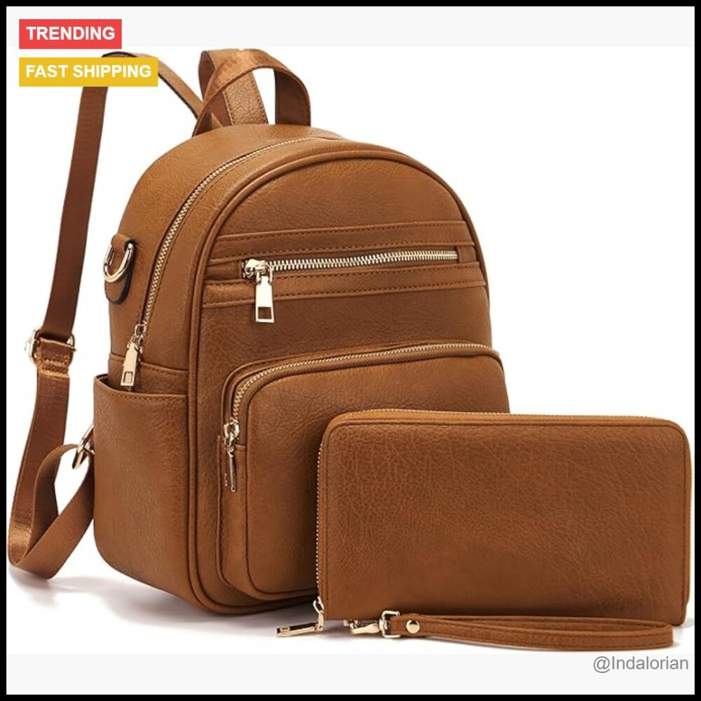 Convertible Backpack Purse Set With Wallet Chic Minimal Daypack Faux Leather
